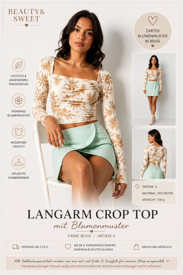 Langarm Crop Top mit Blumenmuster – Beige | YEHWANG Collection