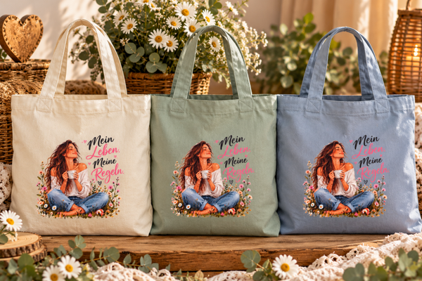 Stofftasche „Mein Leben. Meine Regeln.“ – mit Wunschname oder als Set mit T-Shirt