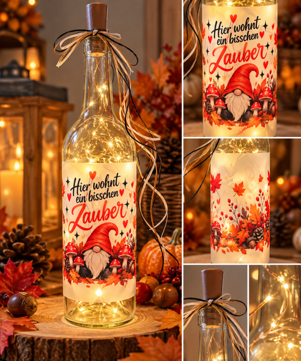 Große und kleine LED-Wichtelflasche „Hier wohnt ein bisschen Zauber“ | Herbst- & Winterdeko