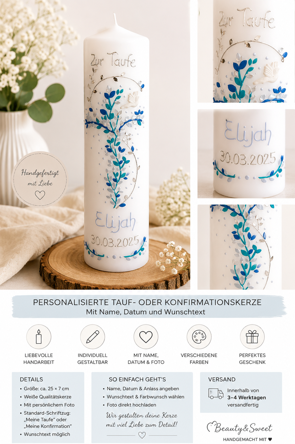 Personalisierte Tauf-, Kommunions- oder Konfirmationskerze mit Lebensbaum & Taube