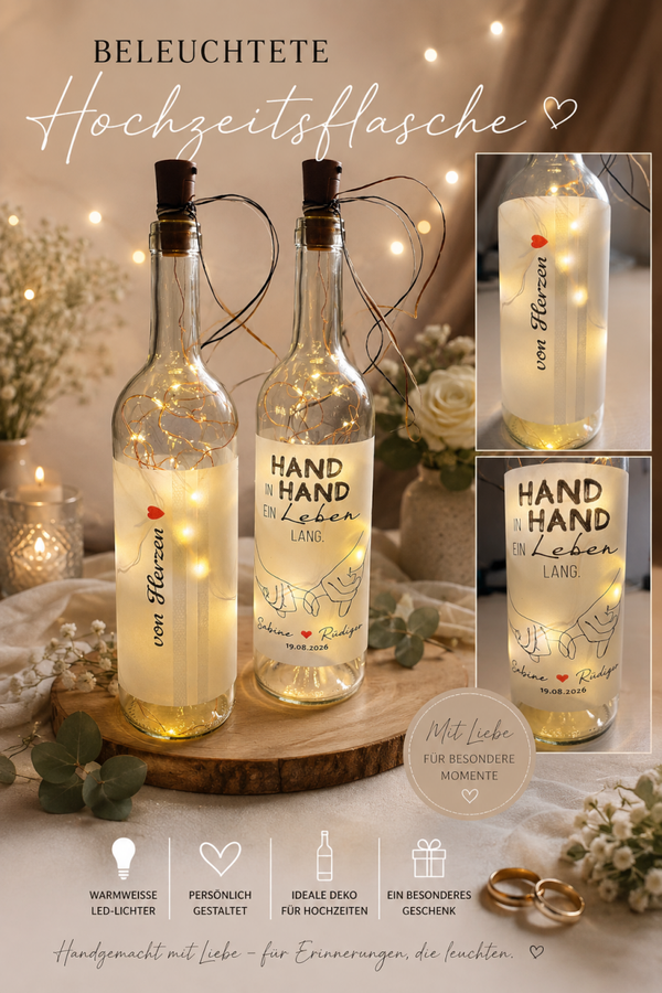 Beleuchtete Hochzeitsflasche „Hand in Hand“ – personalisiert mit Namen & Datum