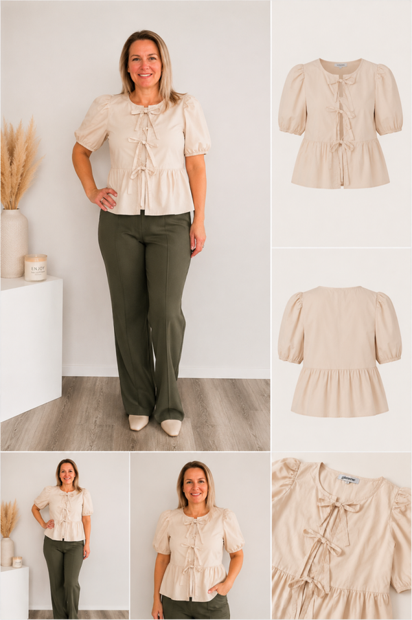 Kurzarm Schößchentop mit Schleifen von YEHWANG – Feminin, elegant & zeitlos