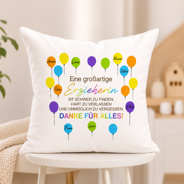 Personalisiertes Kissen „Eine großartige Erzieherin“ mit Luftballons