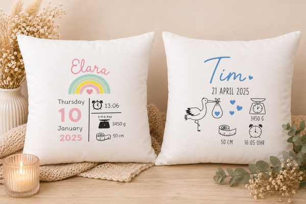 🌸 Personalisierte Geburtskissen – 2 Designs mit Geburtsdaten