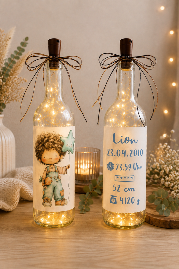 Personalisierte beleuchtete Flasche mit Geburtsdaten – Junge & Mädchen