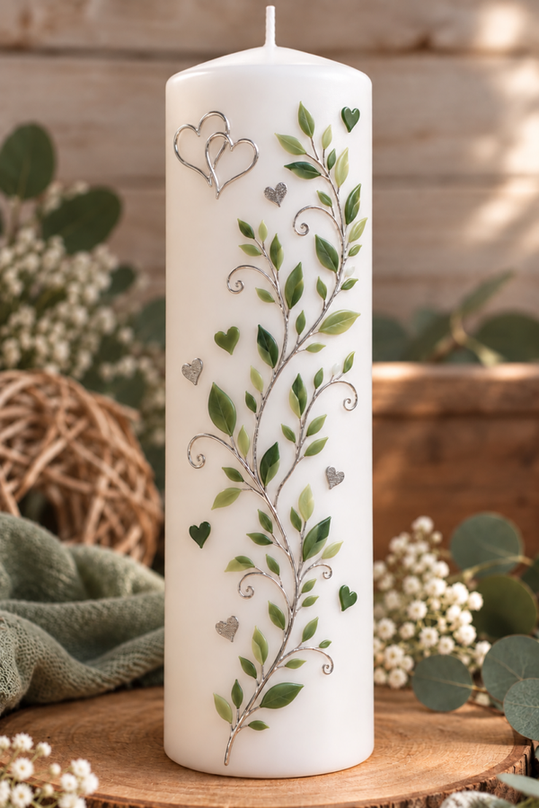 Personalisierte Hochzeitskerze mit Ranke & Herzen – handgefertigt