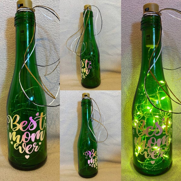 Kleine beleuchtete, recycelte Flasche mit Schriftzug Best Mom ever