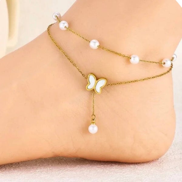 Chaîne de chevilles papillon et perles - Acier inoxydable