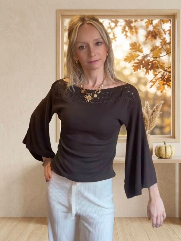 Pull Nadège choco manches évasées
