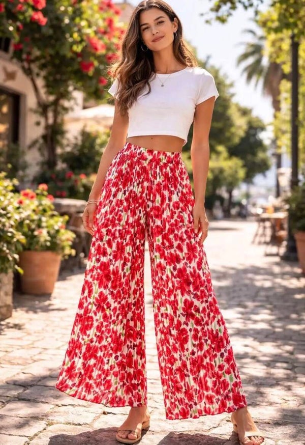 Pantalon plissé Silvia motifs rouges et verts