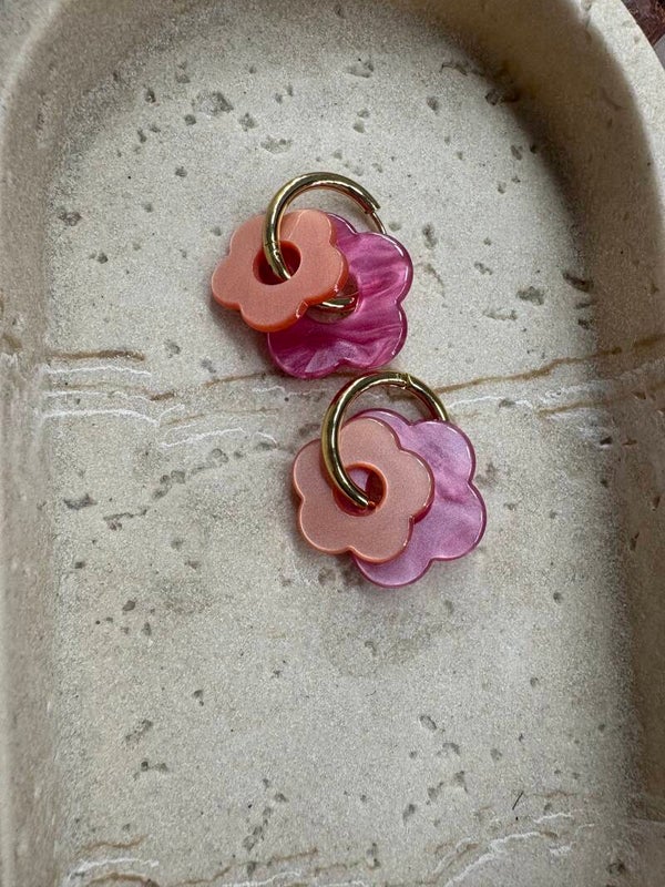 Boucles d’oreilles fleurs doubles  fushia et orange
