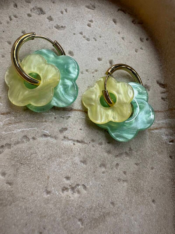 Boucles d’oreilles fleurs doubles vertes et jaunes