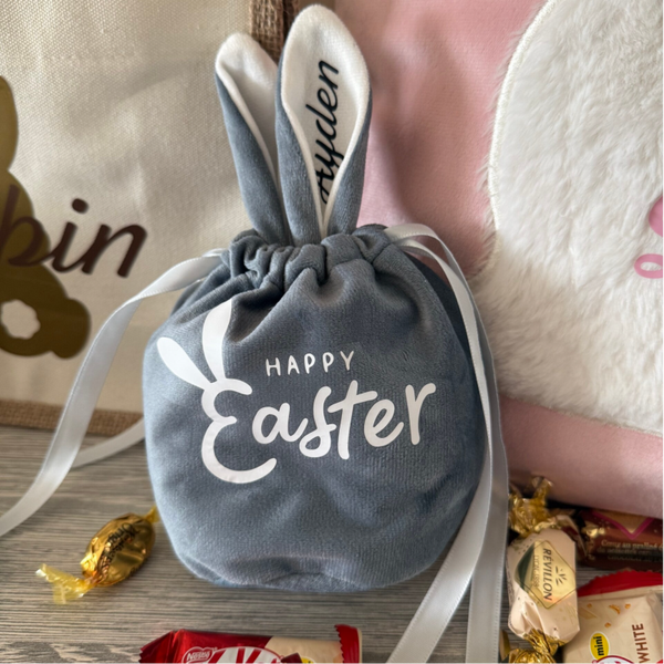 Mini Sac Cadeau Lapin en Velours " happy easter" – Pochon Pâques à Cordon 🐰🎀