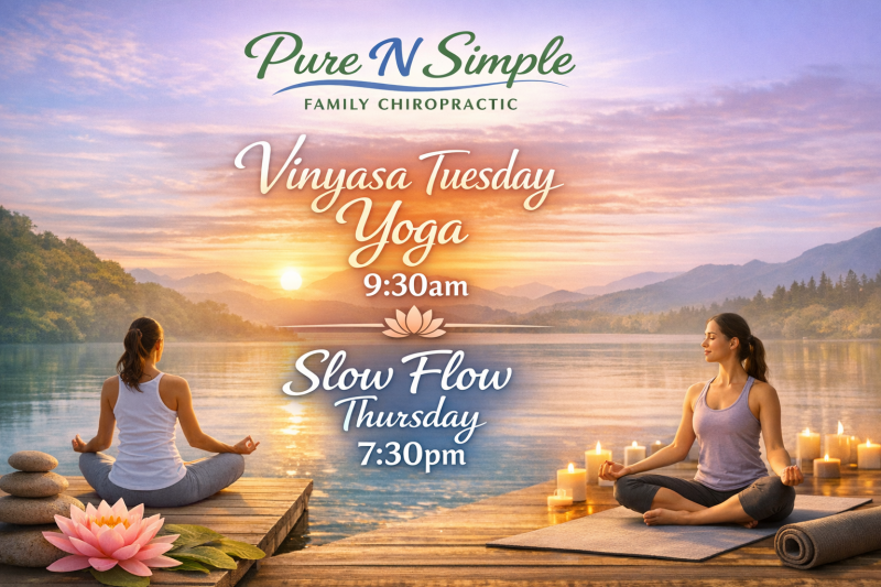 Vinyasa yoga class at Pure & Simple Family Chiropractic in White Stone, VA with Wild Salted Glow, featuring breath-led movement and a calming flow.