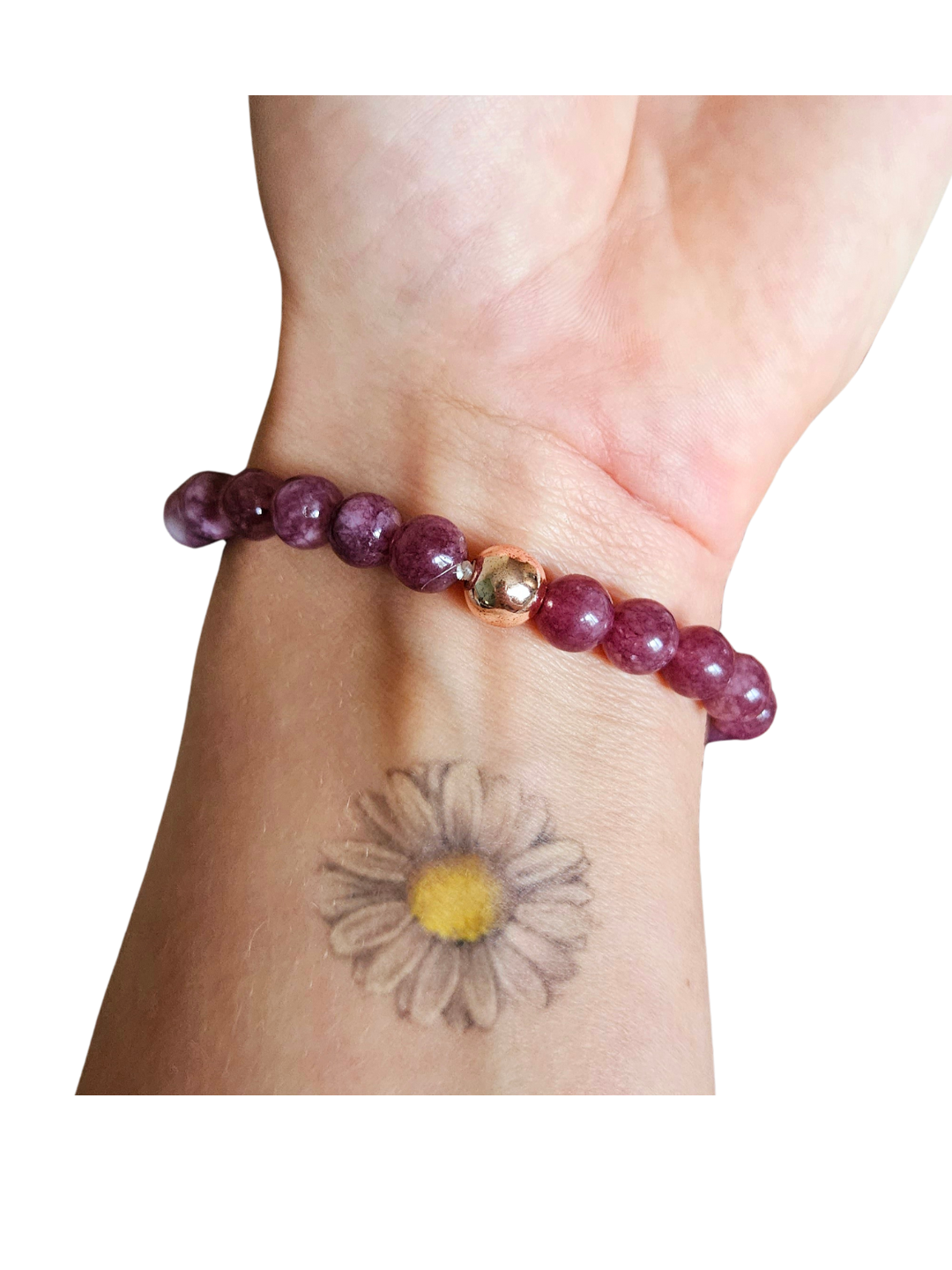 Bransoletka z naturalnego lepidolitu 9 mm z ozdobnym koralikiem w kolorze złota