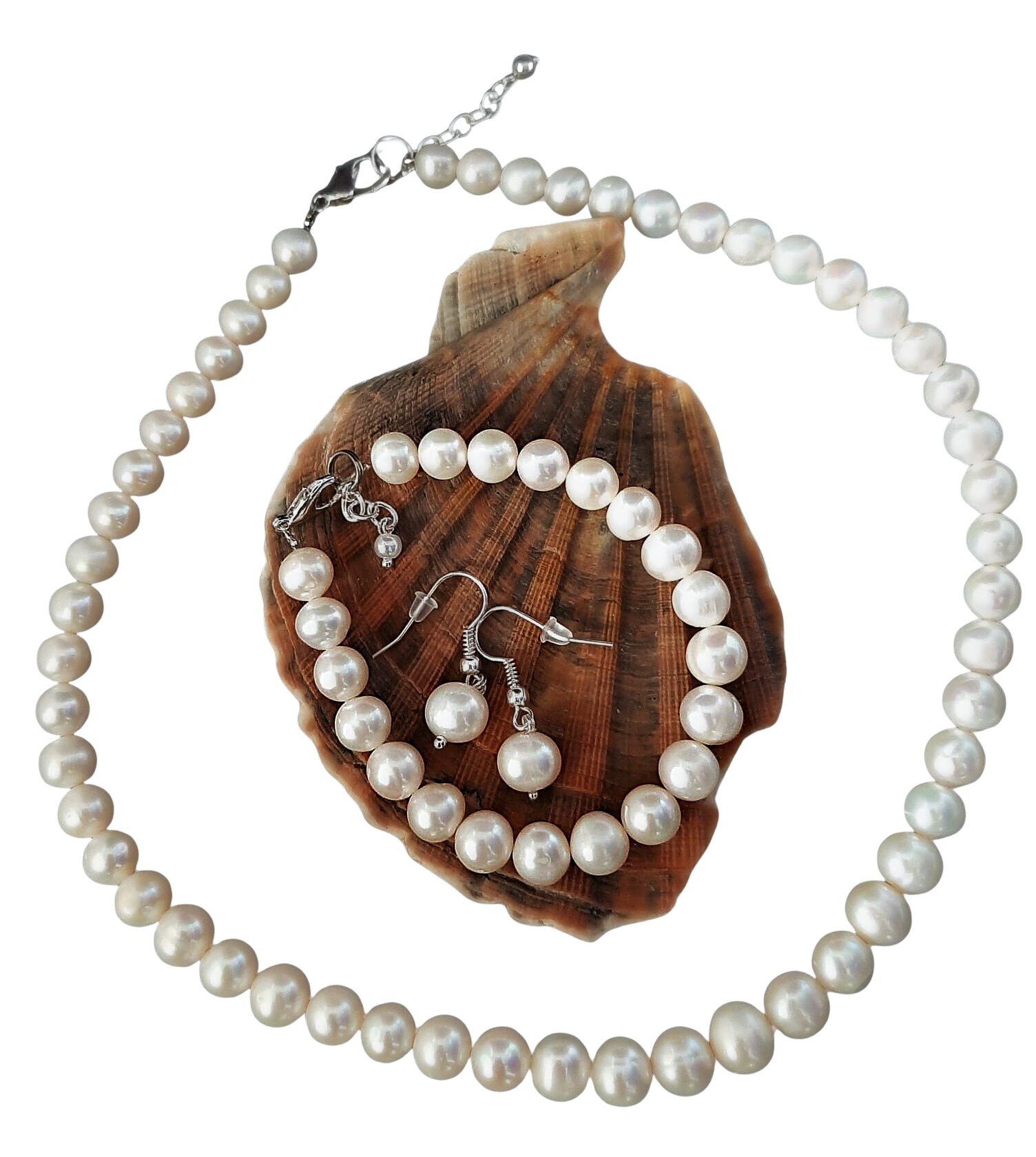 Zestaw biżuterii z białych, naturalnych pereł słodkowodnych o okrągłym kształcie, 8-9mm