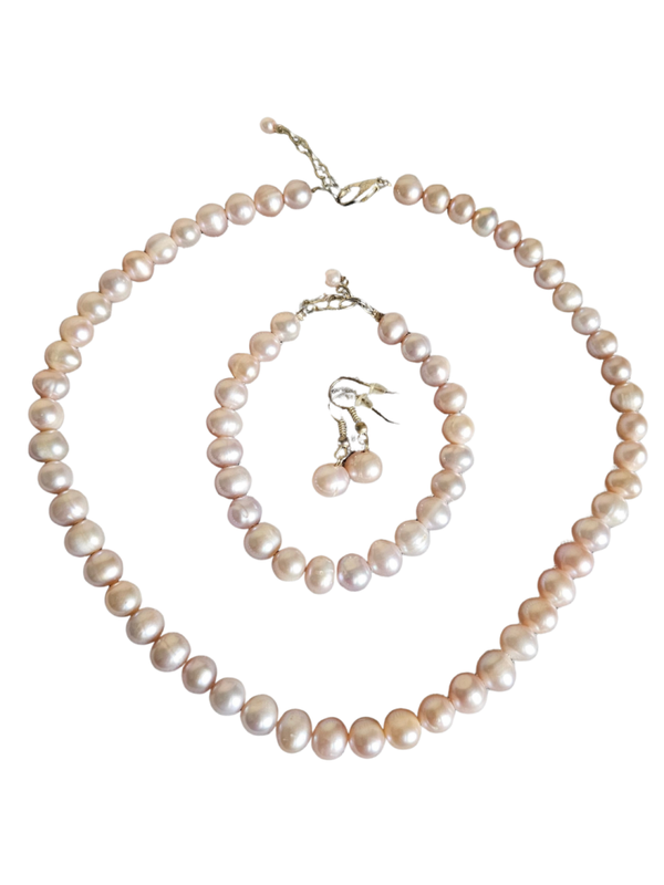 Zestaw biżuterii z naturalnych różowych pereł słodkowodnych, 8–9 mm