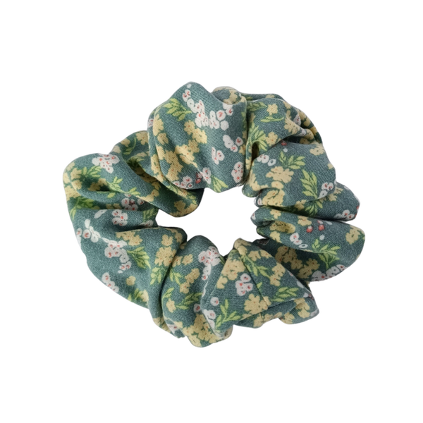 Scrunchie grijsgroen met gele bloemen