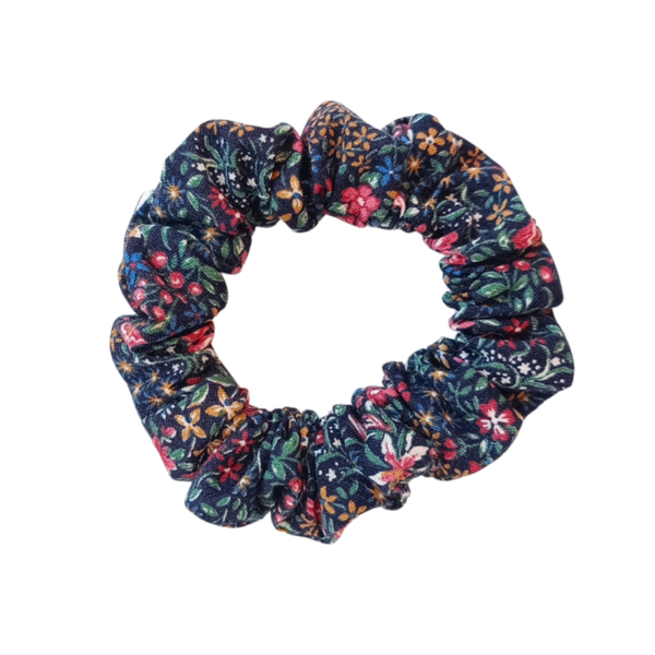 Mini scrunchie donkerblauw-veelkleurig bloemen