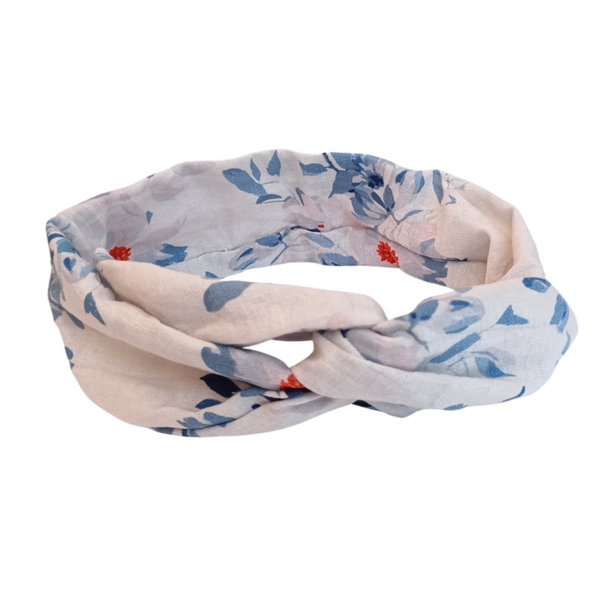 Bandana haarband met draad linnen wit met blauwe bloemen