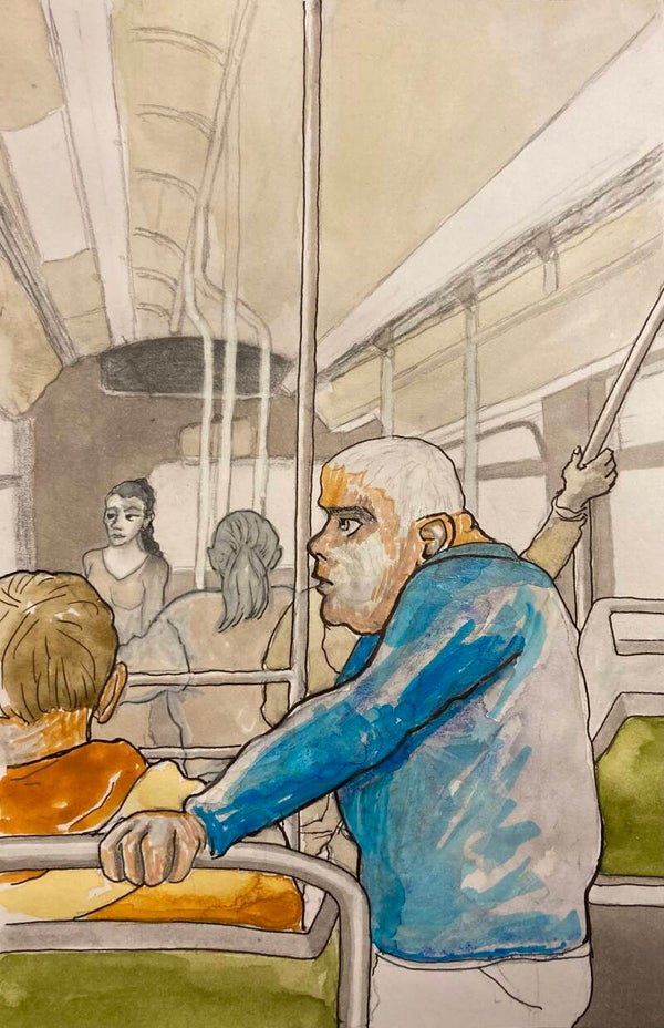 • Homme bleu bus