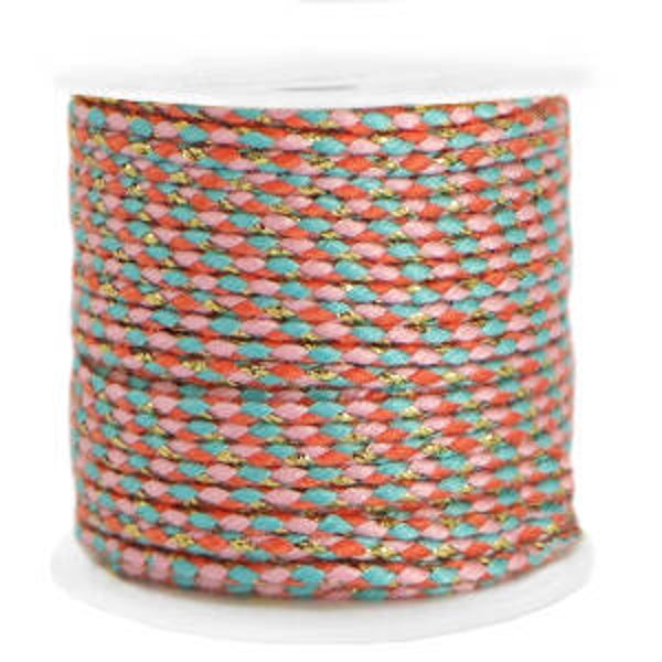 Trendy koord gevlochten 2mm Gold - light pink / turquoise