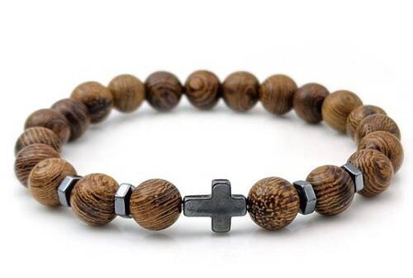 8785321610184 - Armband houten kralen met hematiet kruis