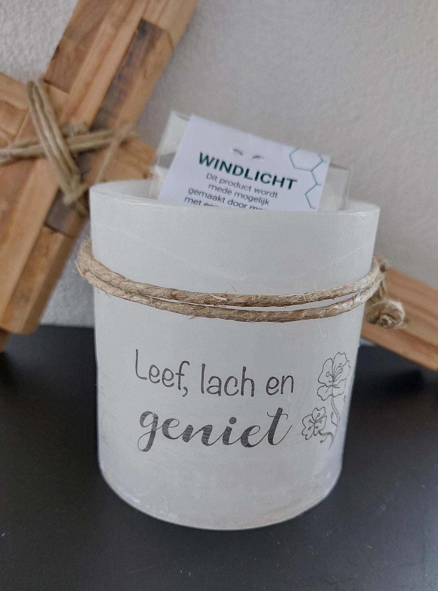 15585 - Windlicht S - Leef, lach en geniet