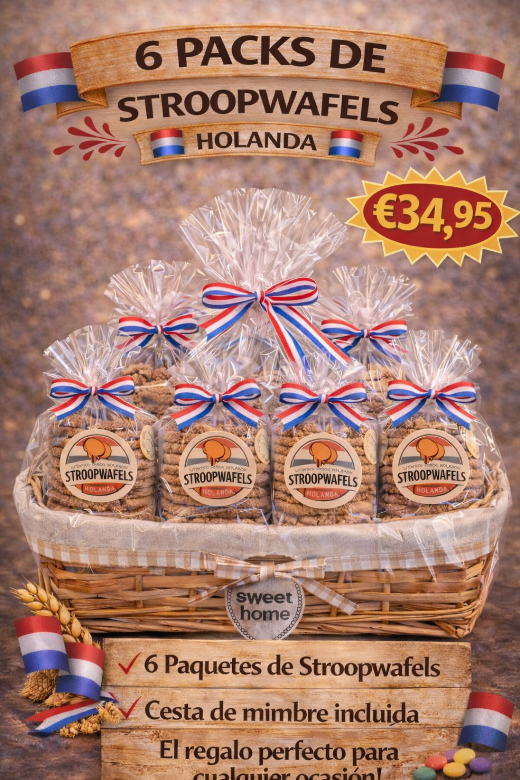 Cesta de Regalo Stroopwafels Holanda – 6 paquetes