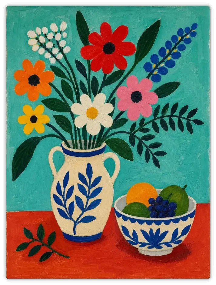 Leinwandbild im Folk Art Stil „Stillleben mit Blumen"