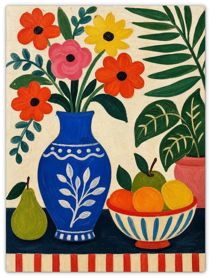 Leinwandbild im Folk Art Stil „Blaue Vase"