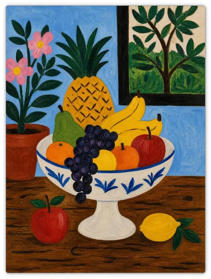Leinwandbild im Folk Art Stil „Blaue Obstschale"