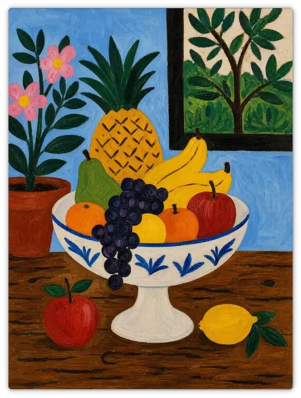 Leinwandbild im Folk Art Stil „Blaue Obstschale"