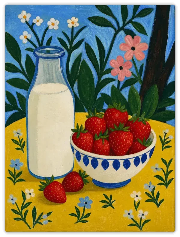 Leinwandbild im Folk Art Stil „Erdbeeren mit Milch"