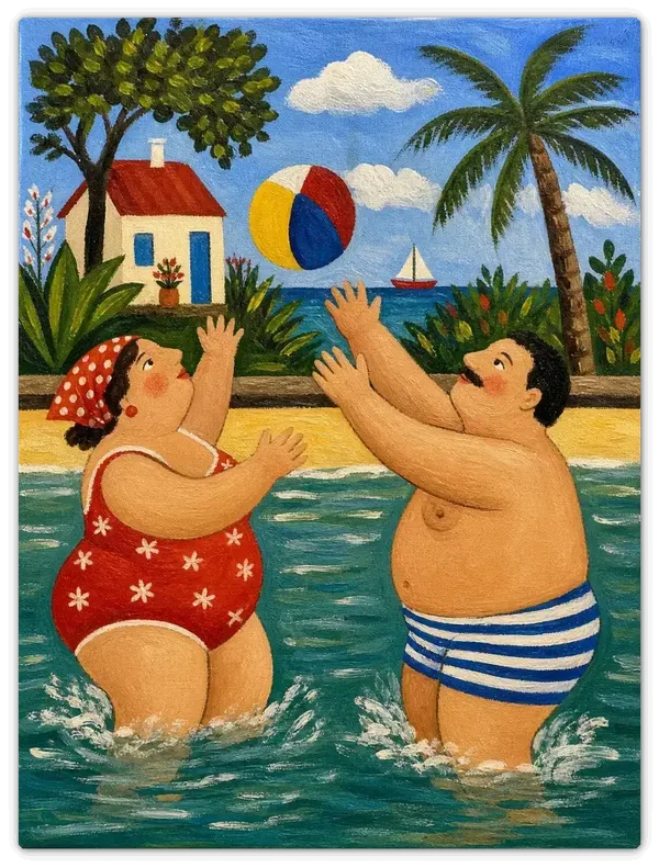 Leinwandbild im Folk Art Stil „Badende im Meer"