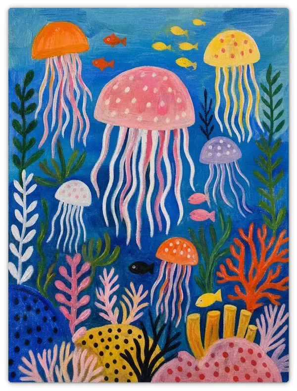 Leinwandbild im Folk Art Stil „Quallen im Tiefblau"