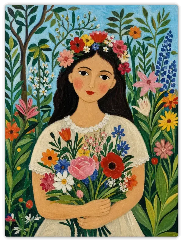 Leinwandbild im Folk Art Stil „Mädchen mit Blütenkranz"