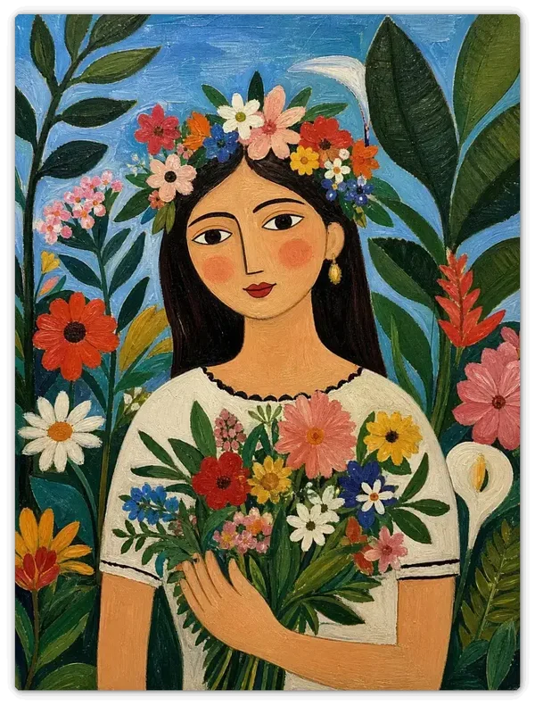 Leinwandbild im Folk Art Stil „Die Blumenpflückerin"