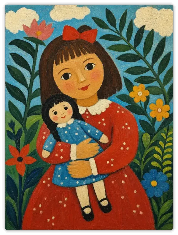 Leinwandbild im Folk Art Stil „Die kleine Puppenmutter"