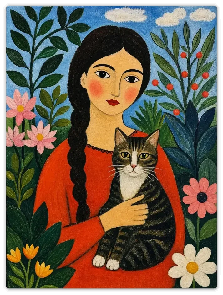 Leinwandbild im Folk Art Stil „Flora und Samtpfote"