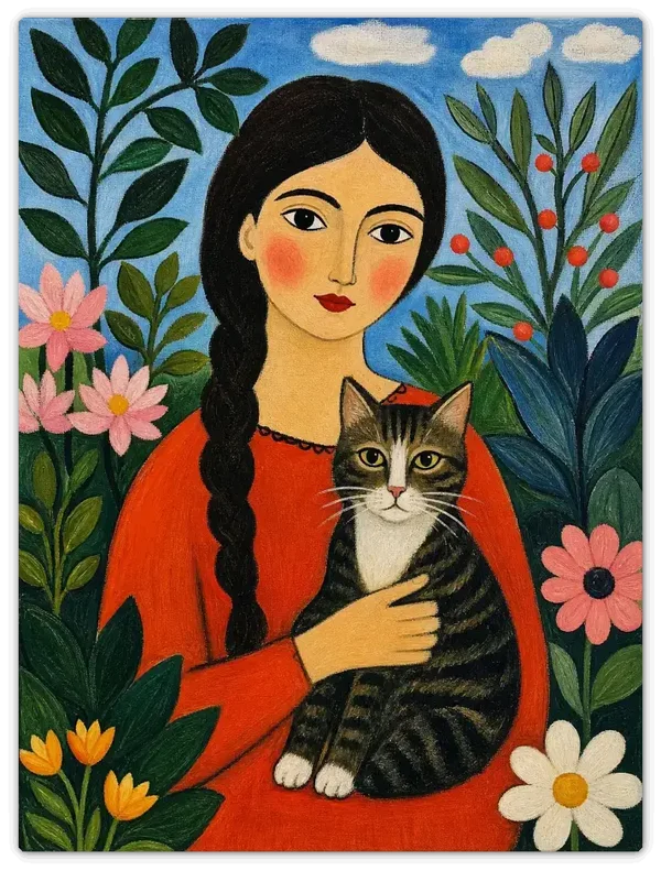 Leinwandbild im Folk Art Stil „Flora und Samtpfote"