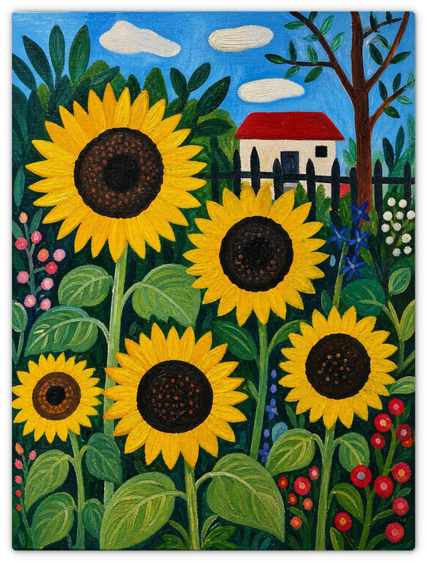 Leinwandbild im Folk Art Stil „Sonnenblumengarten"