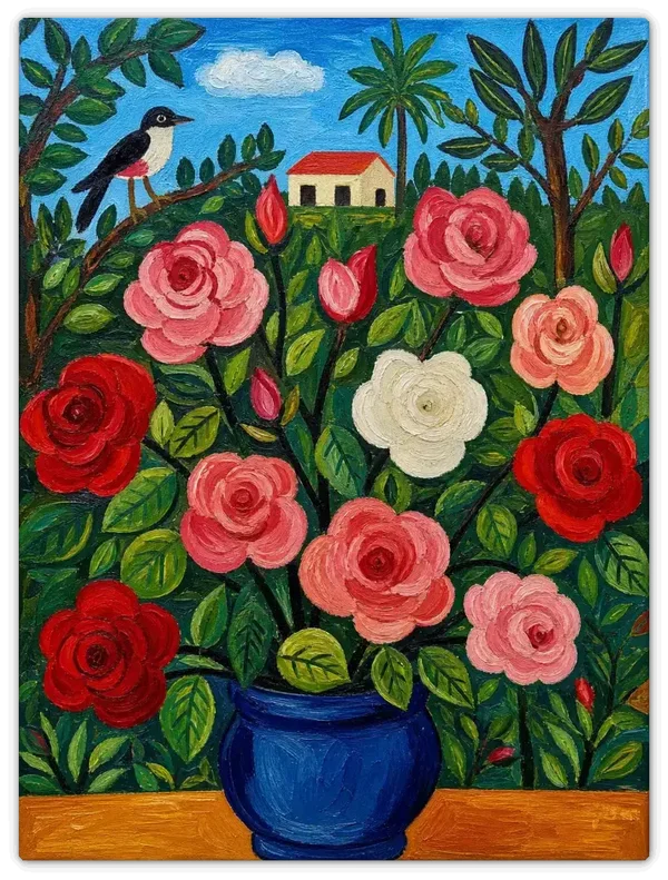 Leinwandbild im Folk Art Stil „Rosen im Garten“