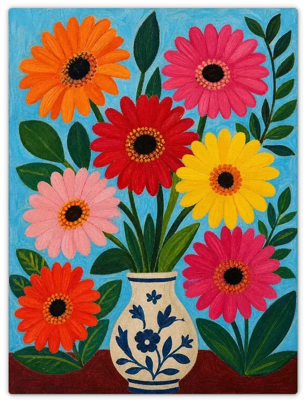 Leinwandbild im Folk Art Stil „Bunte Gerberas“