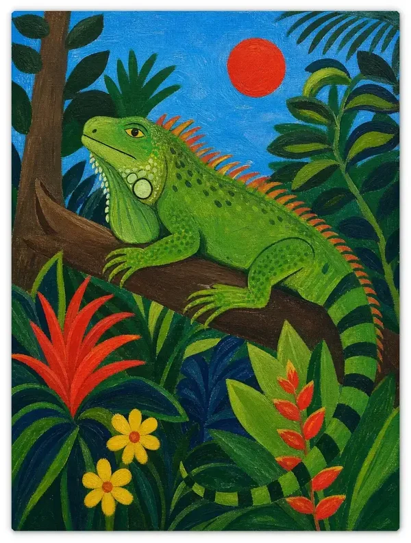 Leinwandbild im Folk Art Stil „Grüne Echse“