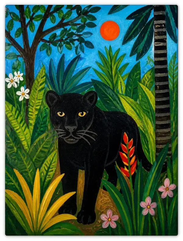 Leinwandbild im Folk Art Stil „Schleichender Jäger“