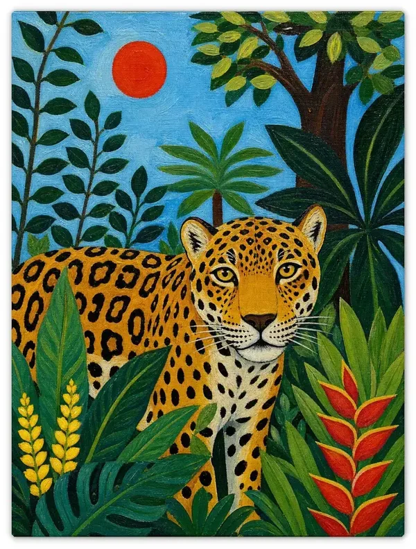 Leinwandbild im Folk Art Stil „Leopard im Dschungel“