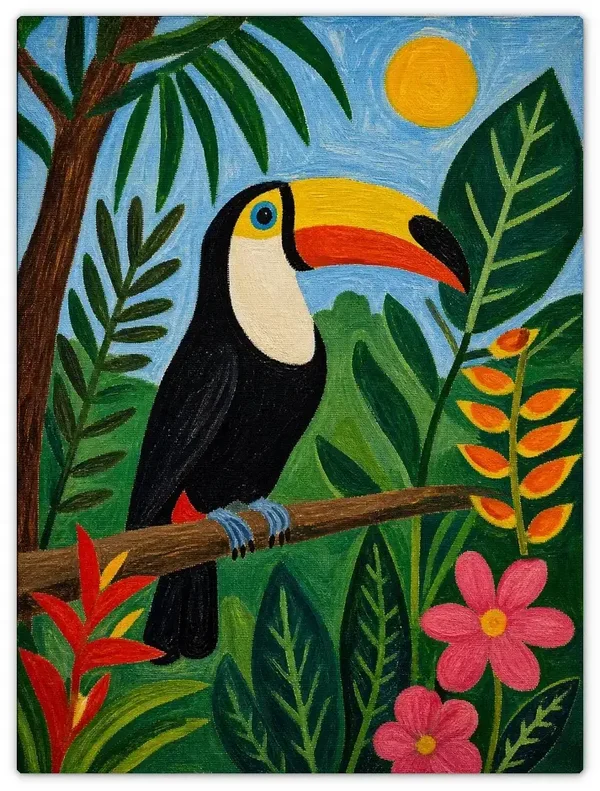 Leinwandbild im Folk Art Stil „Tukan im Dschungel“