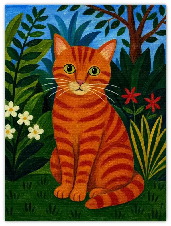 Leinwandbild im Folk-Art-Stil „Katze mit weißen Blüten“