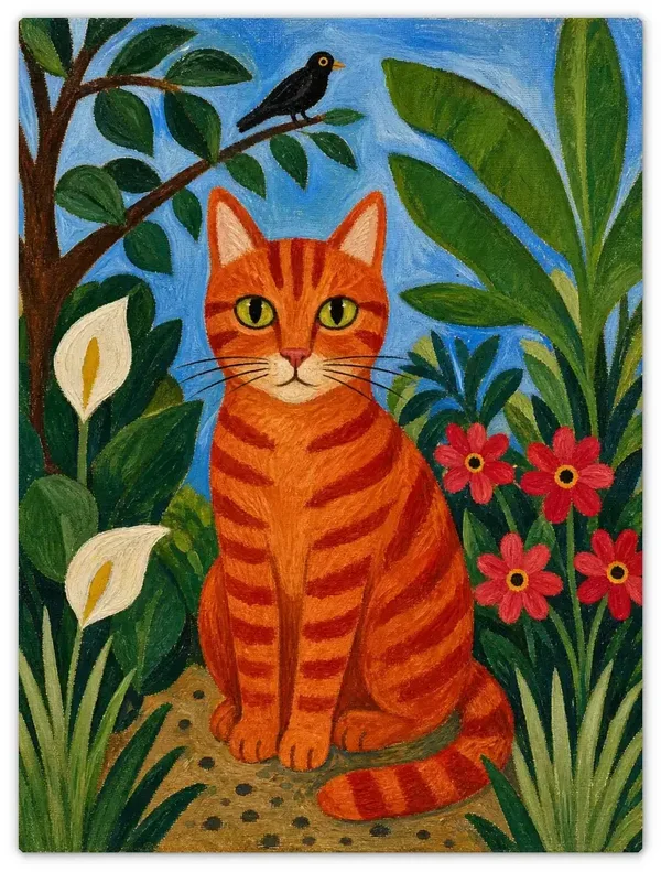Leinwandbild im Folk-Art-Stil „Orange Katze im Dschungel“